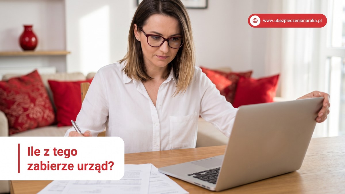 Kobieta przy laptopie rozlicza sprawy urzedowe w domu